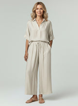 Load image into Gallery viewer, 8073 Relaxed Collared Top &amp; 8077 Wide-Leg Pants Set White Beige
