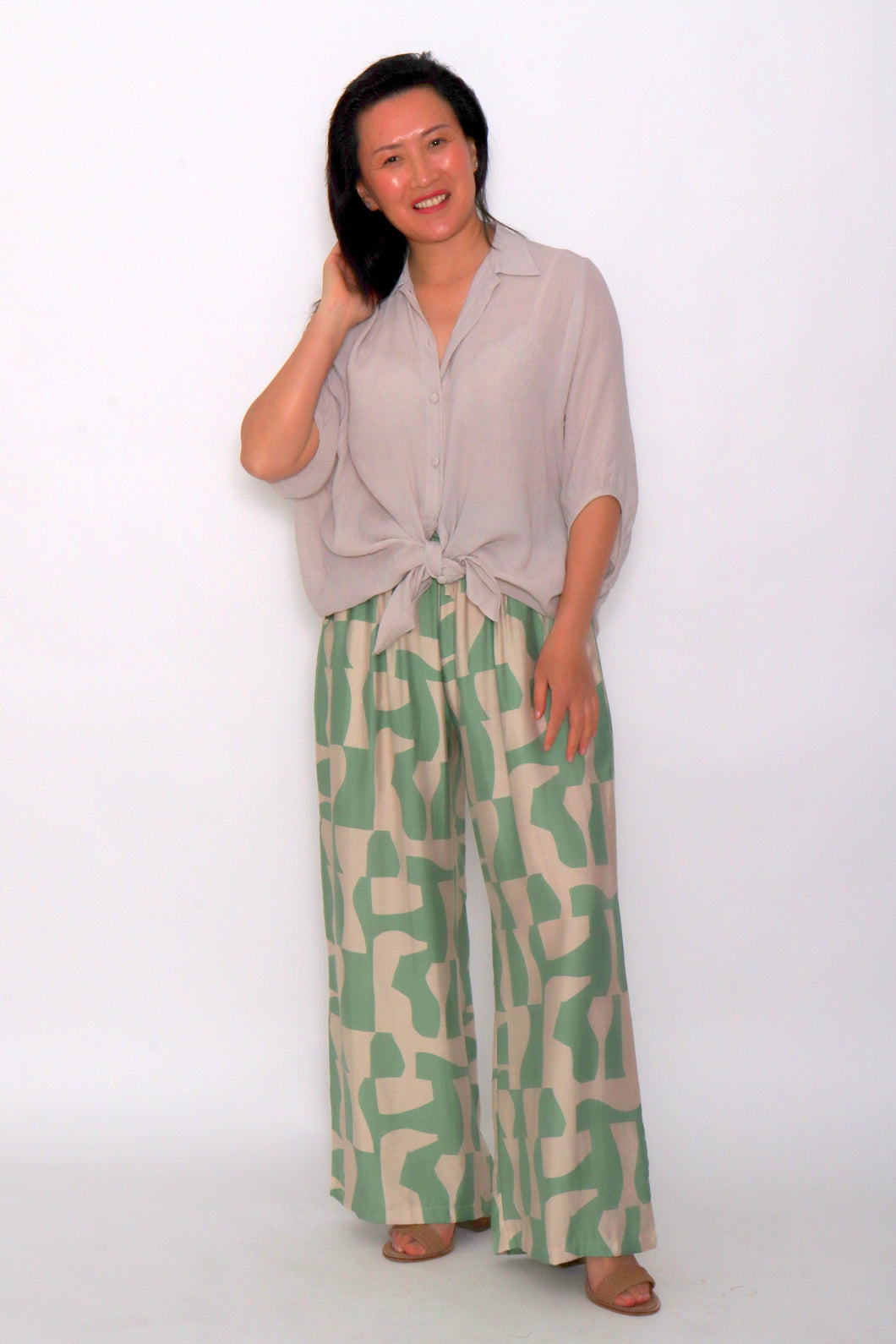 7451 Beige Hi-Low top & 7972 Sage Wild-Leg pants